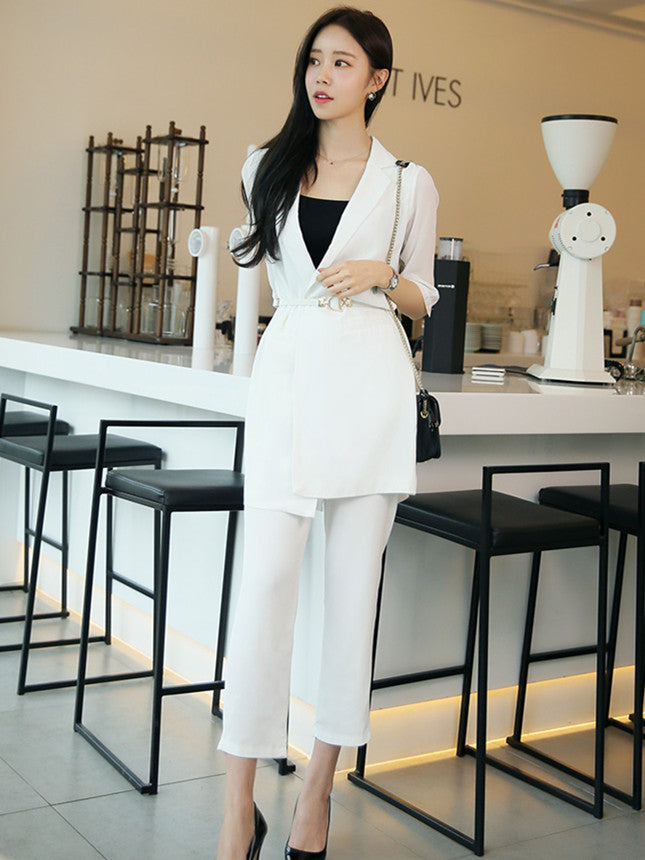 CM-SF080634 Women Elegant European Style White High Waist Tailored Collar Leisure Suits - Set