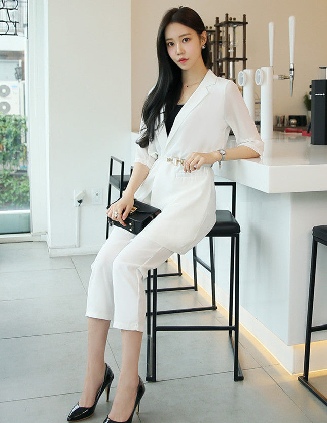 CM-SF080634 Women Elegant European Style White High Waist Tailored Collar Leisure Suits - Set