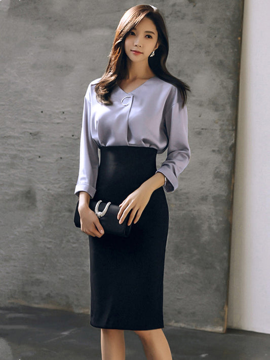 CM-SF080706 Women Elegant V-Neck Loosen Blouse With High Waist Midi Skirt - Set