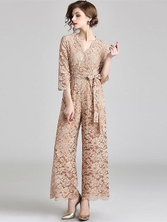 CM-JF080807 Women Elegant European Style V-Neck Tie Waist Wide-Leg Lace Long Jumpsuit