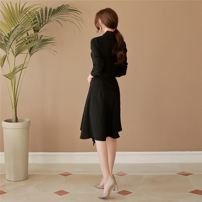 CM-DF080814 Women Elegant Seoul Style Stand Collar Fitted Waist Flouncing Dress - Black