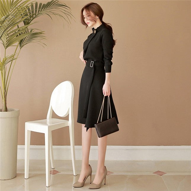 CM-DF080814 Women Elegant Seoul Style Stand Collar Fitted Waist Flouncing Dress - Black