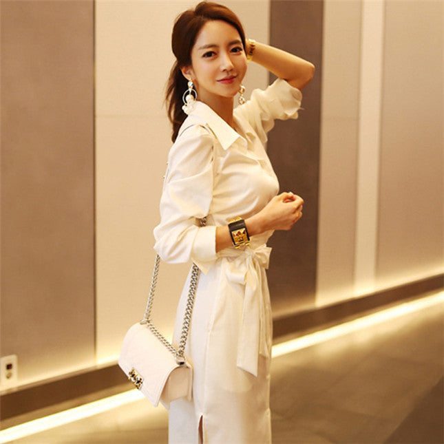 CM-DF080816 Women Casual Seoul Style Tie Waist Shirt Collar Puff Sleeve Long Dress - White