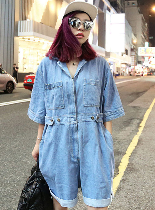 CM-JF070716 Women Casual Seoul Street Style Turn-Down Collar Loosen Denim Jumpsuit - Blue