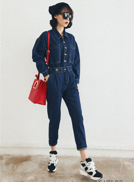 CM-JF070717 Women Casual Retro Style Turn-Down Collar Long Sleeve Denim Jumpsuit
