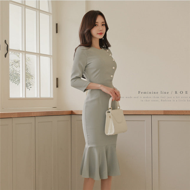 CM-DF081203 Women Elegant Single-Breasted Fishtail Skinny Dress - Mint Green