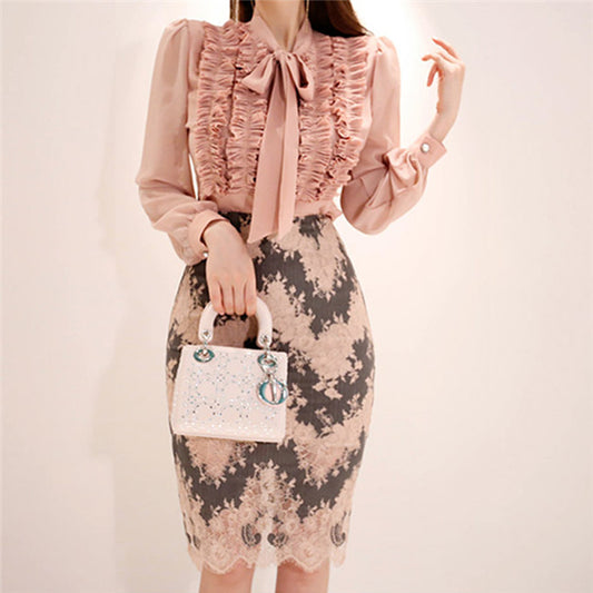 CM-SF081215 Women Elegant Charming Pleated Flouncing Blouse With Lace Slim Skirt - Set