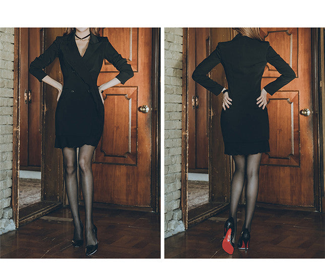 CM-DF081216 Women Elegant European Style Tailored Collar Fishtail Slim Dress - Black