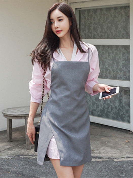 CM-SF081221 Women Casual Seoul Style Loosen Long Blouse With Straps Split Dress - Set