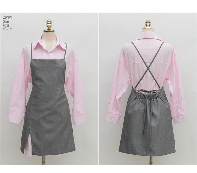 CM-SF081221 Women Casual Seoul Style Loosen Long Blouse With Straps Split Dress - Set