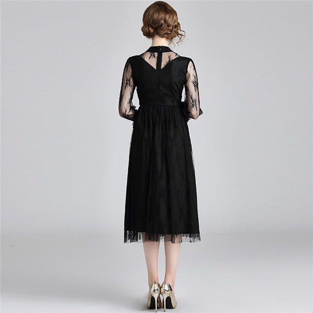 CM-DF081224 Women European Style High Waist Lace Floral Gauze Long Sleeve Dress - Black