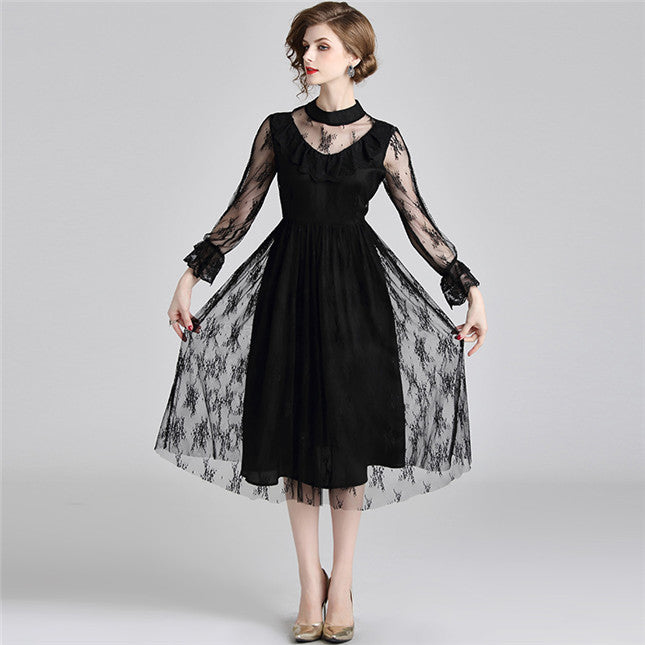 CM-DF081224 Women European Style High Waist Lace Floral Gauze Long Sleeve Dress - Black