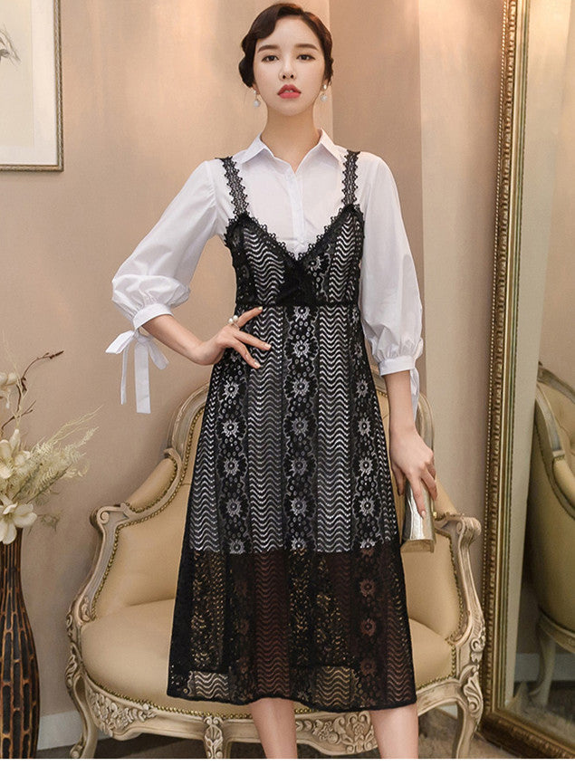 CM-SF081228 Women Casual Autumn Puff Sleeve Long Blouse With Lace Straps Dress - Set