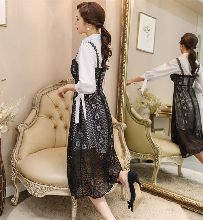 CM-SF081228 Women Casual Autumn Puff Sleeve Long Blouse With Lace Straps Dress - Set