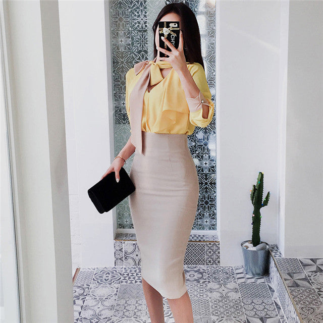 CM-SF081315 Women Elegant Bowknot Collar Blouse With High Waist Midi Skirt - Set