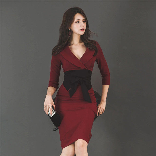 CM-DF081512 Women Seoul Style Tailored Collar Bowknot Waist Skinny Dress - Wine Red