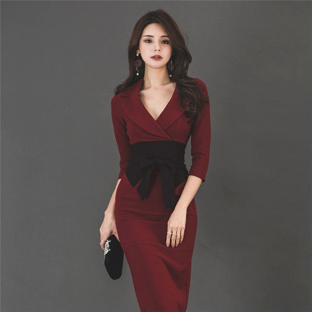 CM-DF081512 Women Seoul Style Tailored Collar Bowknot Waist Skinny Dress - Wine Red