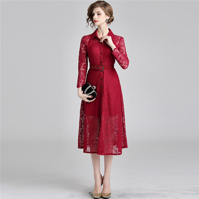 CM-DF081516 Women Casual European Style Shirt Collar Lace Long Sleeve Dress - Red