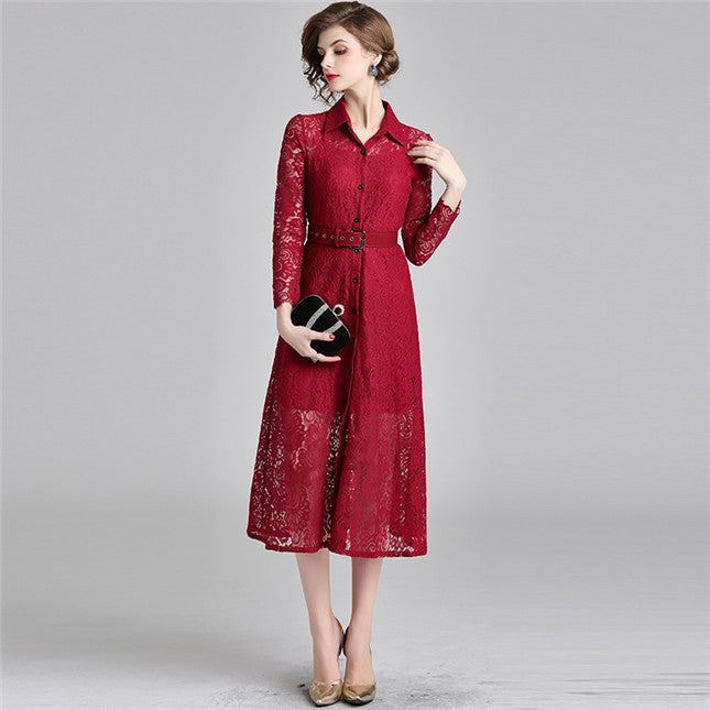 CM-DF081516 Women Casual European Style Shirt Collar Lace Long Sleeve Dress - Red