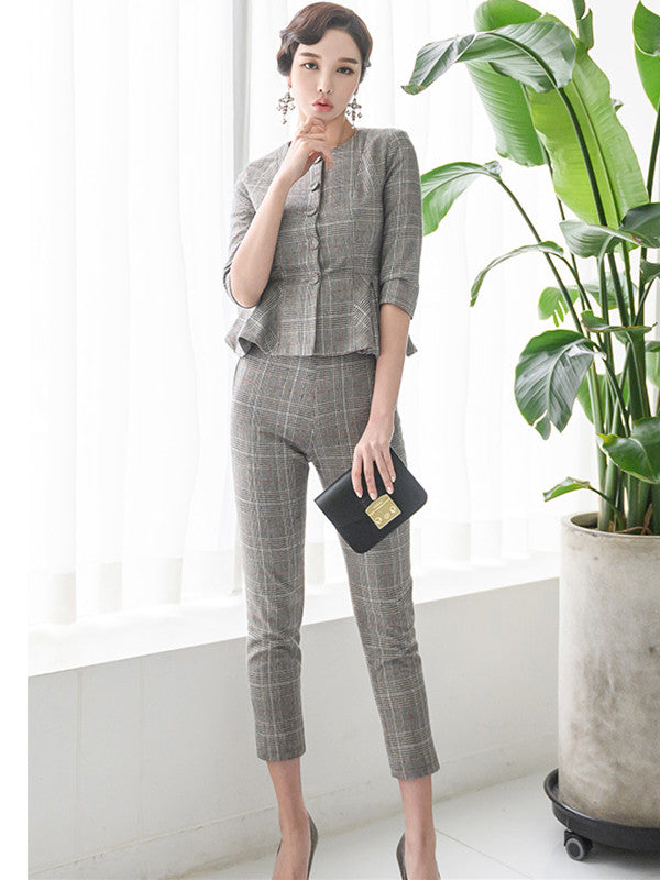 CM-SF081517 Women European Style Flouncing Skinny Mini Plaids Leisure Suits - Set