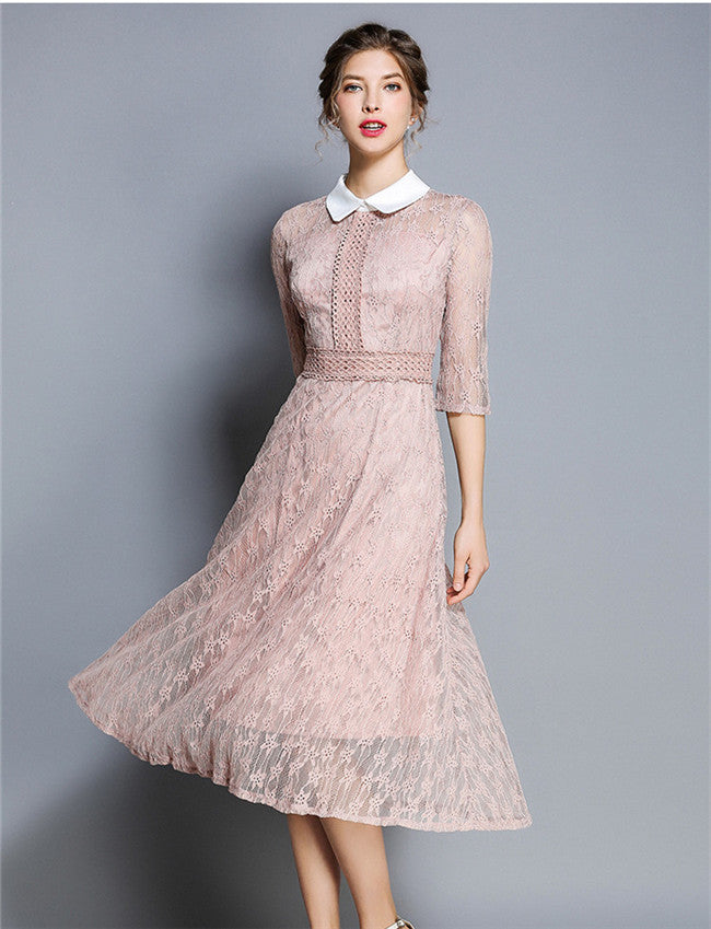 CM-DF081613 Women Elegant Seoul Style High Waist Doll Collar Floral Lace Dress - Pink