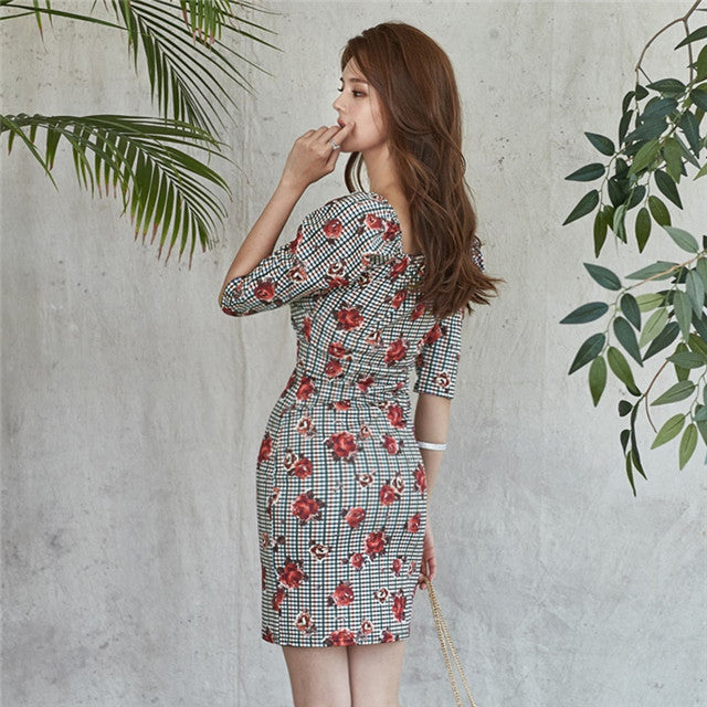 CM-DF081620 Women Casual Charming Seoul Style V-Neck Plaids Floral Skinny Dress