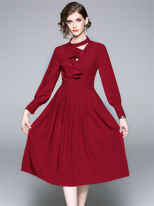 CM-DF081709 Women European Style Flouncing Collar Pleated A-Line Dress - Red