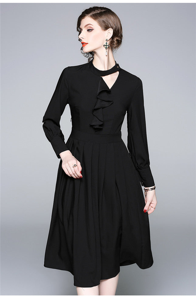CM-DF081709 Women European Style Flouncing Collar Pleated A-Line Dress - Black