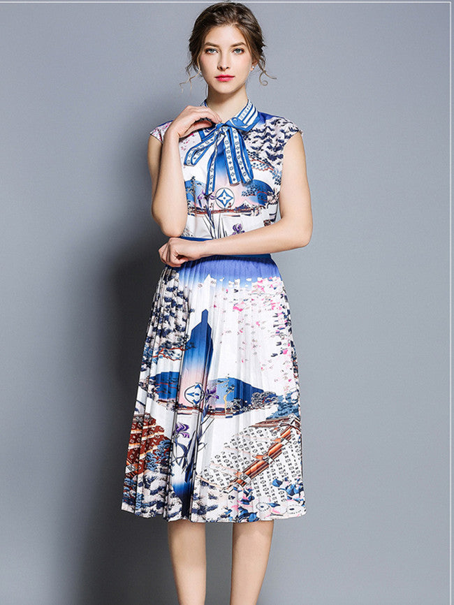 CM-SF081718 Women European Style Doll Collar Printed Blouse With Pleated Skirt - Set