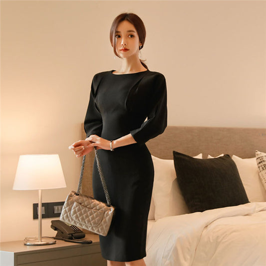 CM-DF081926 Women Elegant Seoul Style Fitted Waist Round Neck Bodyocn Dress - Black