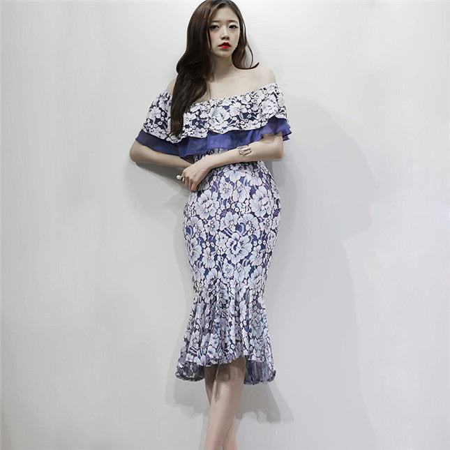 CM-DF081929 Women Elegant Seoul Style Flouncing Boat Neck Fishtail Lace Dress - Blue