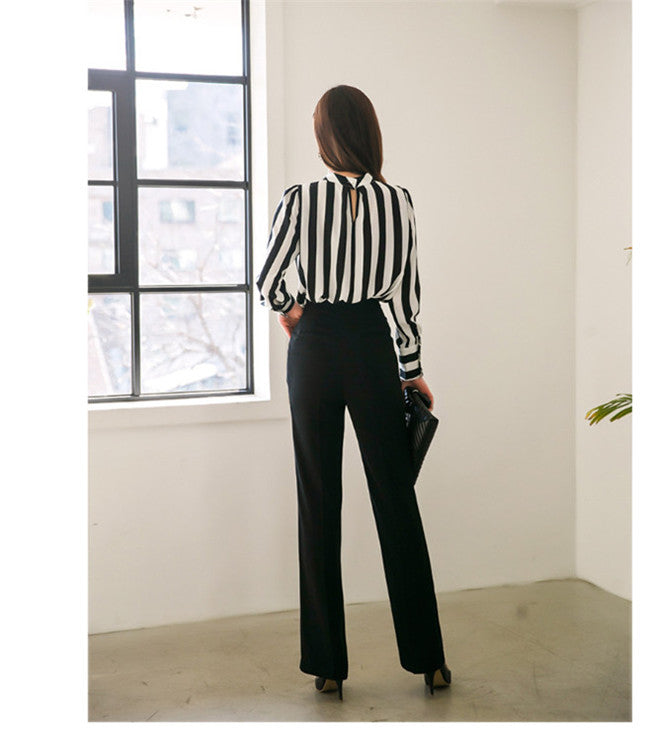 CM-SF082007 Women Elegant Stripes Loosen Blouse With High Waist Skinny Long Pants - Set