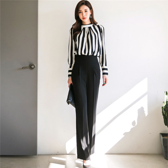 CM-SF082007 Women Elegant Stripes Loosen Blouse With High Waist Skinny Long Pants - Set