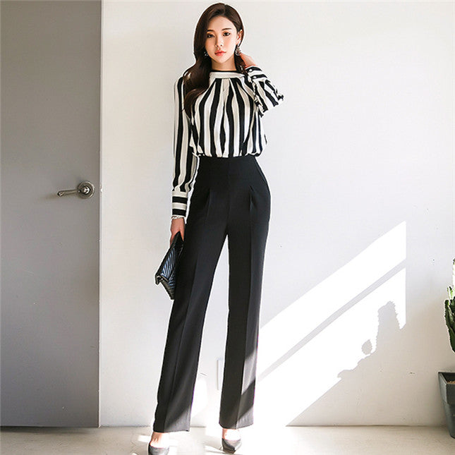 CM-SF082007 Women Elegant Stripes Loosen Blouse With High Waist Skinny Long Pants - Set