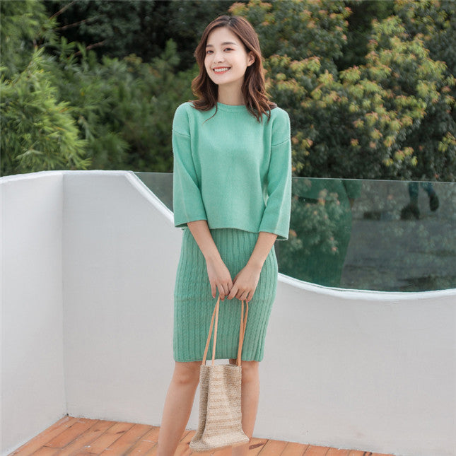 CM-SF082014 Women Casual Seoul Style Knit Long Sleeve Blouse With Skirt - Set (Available in 2 colors)