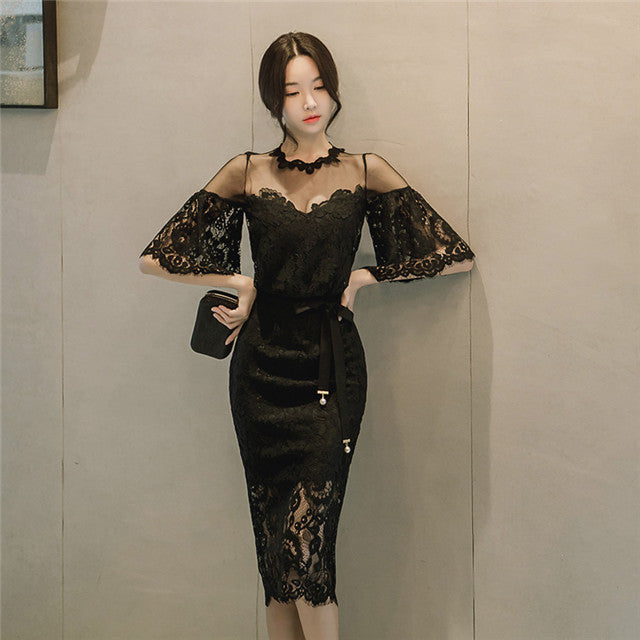 CM-DF082016 Women Elegant Gauze Transparent Lace Flare Sleeve Slim Dress - Black