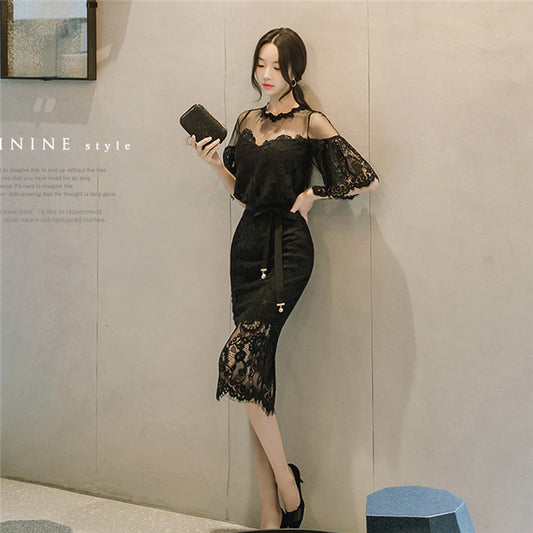 CM-DF082016 Women Elegant Gauze Transparent Lace Flare Sleeve Slim Dress - Black