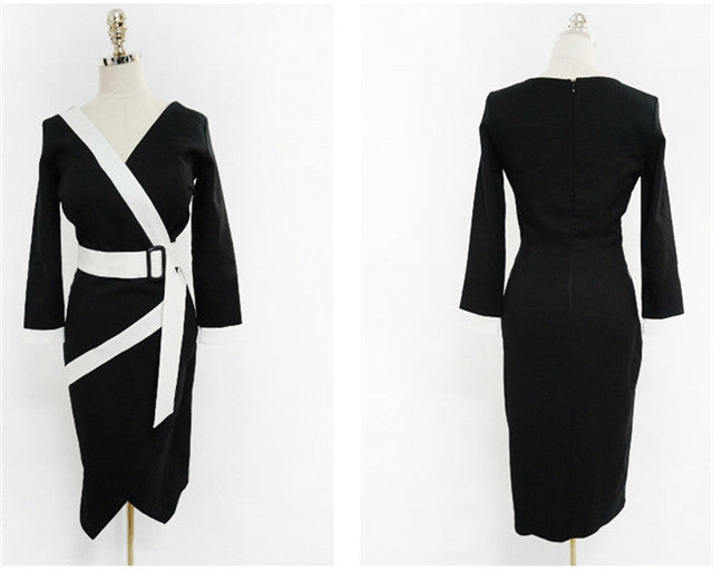 CM-DF082120 Women Elegant Seoul Style V-Neck Tie Waist Bodycon Dress - Black