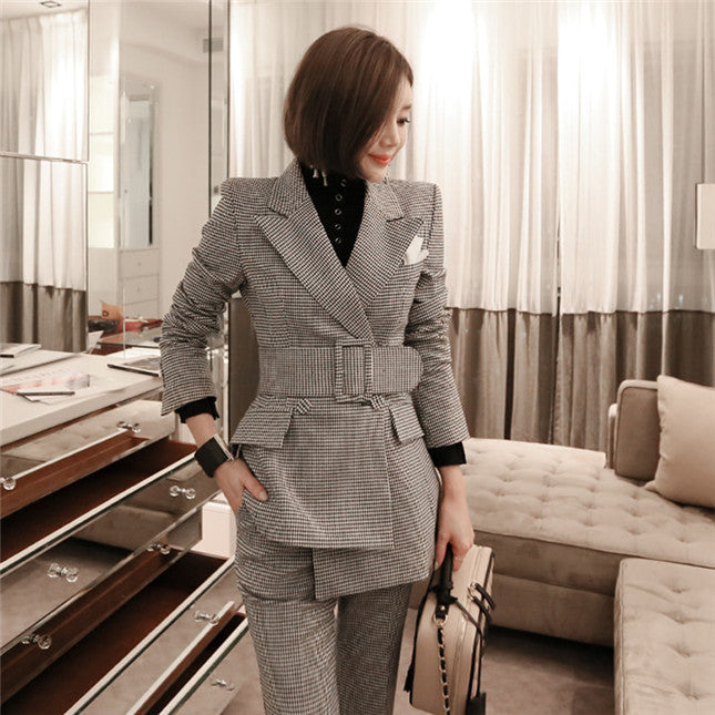 CM-SF082130 Women Elegant Seoul Style Tailored Collar Mini Plaids Slim Leisure Suits - Set