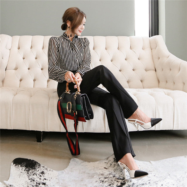 CM-SF082215 Women Seoul Style Stripes Tie Collar Blouse With High Waist Long Pants - Set