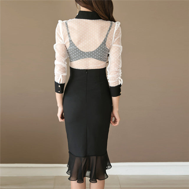 CM-SF082314 Women Modern Stylish Lace Gauze Blouse With Fishtail Skinny Skirt - Set