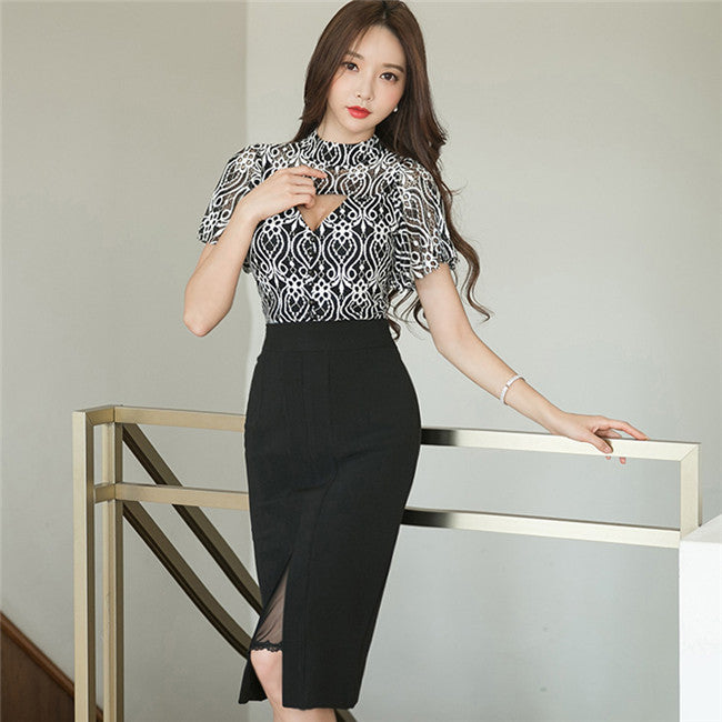 CM-SF082807 Women Casual Hollow Out Lace Blouse With High Waist Midi Skirt - Set