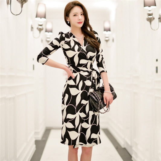 CM-DF082812 Women Casual Seoul Style 3/4 Sleeve Tie Waist Floral Slim Dress