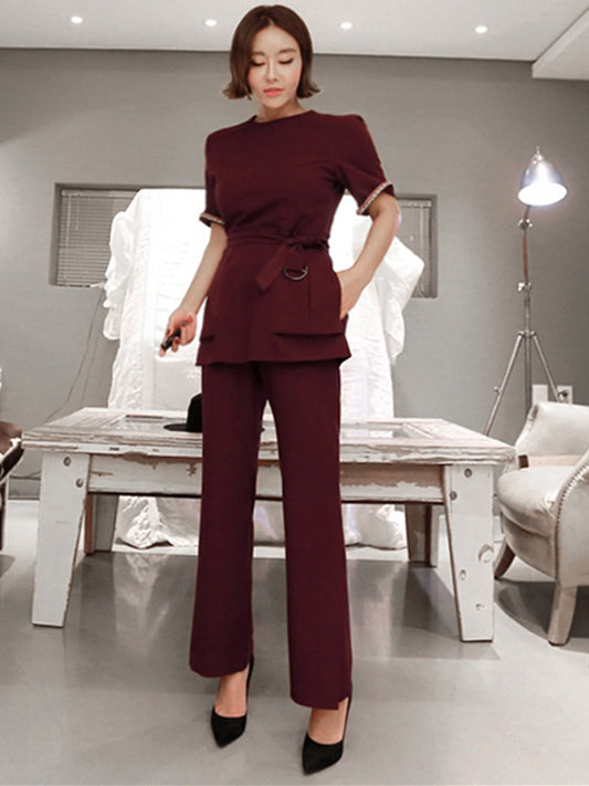 CM-SF082815 Women Elegant Seoul Style Tie High Waist Flouncing Slim Leisure Suits - Set