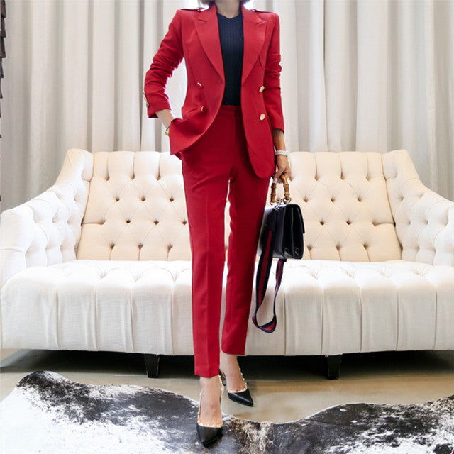 CM-SF082816 Women Elegant European Style  Tailored Collar Slim Blazer With Long Pants - Set