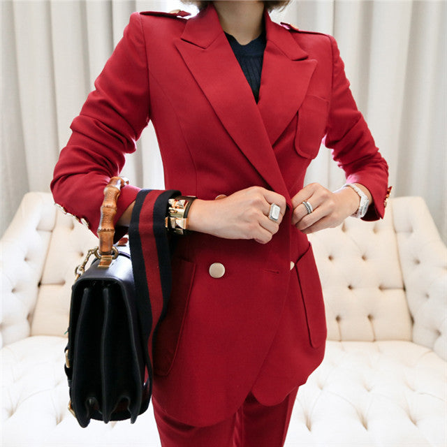 CM-SF082816 Women Elegant European Style  Tailored Collar Slim Blazer With Long Pants - Set