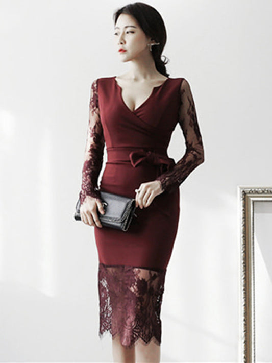CM-DF082817 Women Elegant Seoul Style V-Neck Bowknot Waist Lace Splicing Slim Dress