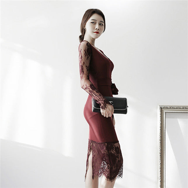 CM-DF082817 Women Elegant Seoul Style V-Neck Bowknot Waist Lace Splicing Slim Dress