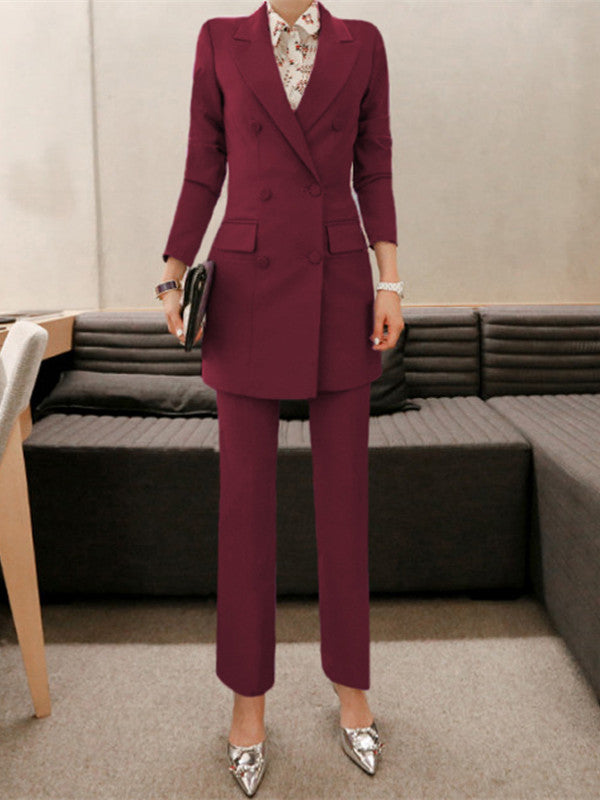 CM-SF082902 Women European Style Wine Red Tailored Collar Slim Long Leisure Suits - Set