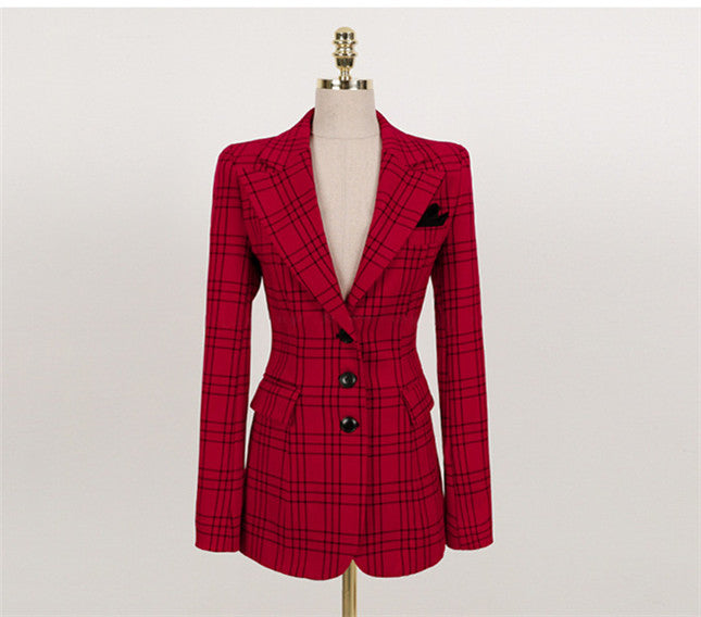 CM-SF090222 Women Modern Seoul Style Red Tailored Collar Plaids Leisure Suits - Set